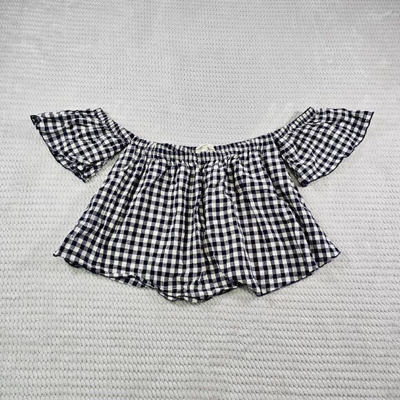 blu & spero Tops - Blu & Spero Shirt Womens Small Gingham Plaid Crop Off Shoulder Nautical Beachy